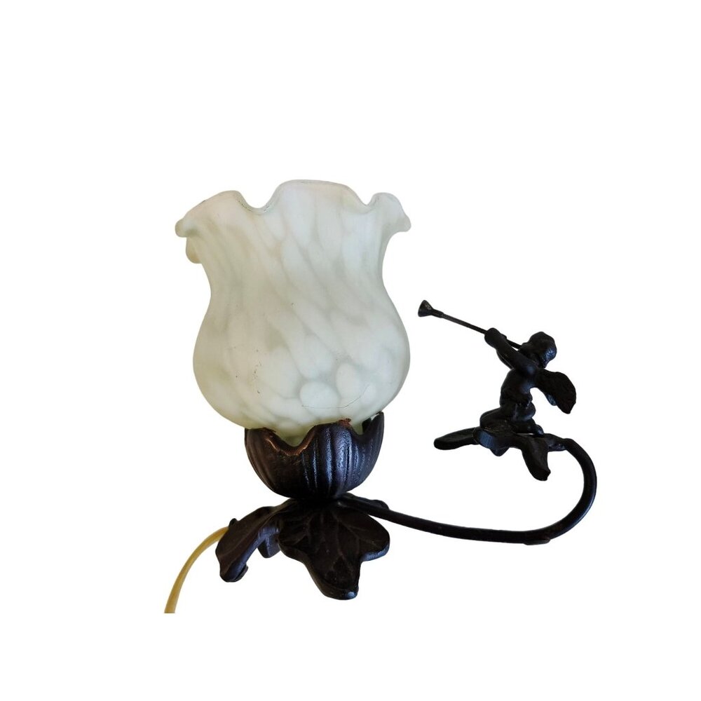 Vtg Bronze Cherub Small Lamp Blue Blown Glass Shade Tiffany Style